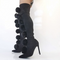 Women Pom Pom Over The Knee Boots Stretch Suede Boots Sexy Pointy Toe Slip On Ladies High Heel Boots - Thumbnail 3