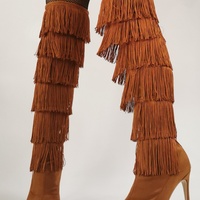 Fashion Multi-layered Fringe Over The Knee Boots Brown Suede Stretch Fabric Pointed Toe Zipper Winter Tall Boots - Thumbnail 5
