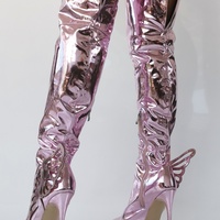Pink Metallic Leather Wing Boots Women Spring Shiny Pointy Toe Thigh High Heel Shoes Ladies Sexy Luxury Trends Patent Long Boots - Thumbnail 5