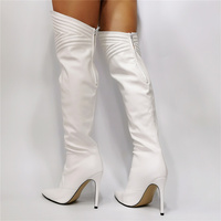Women Over Knee Boots Pointed Toe Thin High Heels Back Zip White Shoes - Thumbnail 4