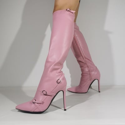 Pink knee high belt boots