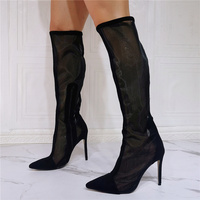 Black Knee High Boots Women,Long Boots Thigh High Boots Rubber Sole Net Yarn Splicing Pointed Toe Slim High Heel Sexy Fashion Breathable - Thumbnail 4