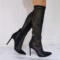 Black Knee High Boots Women,Long Boots Thigh High Boots Rubber Sole Net Yarn Splicing Pointed Toe Slim High Heel Sexy Fashion Breathable - Thumbnail 5
