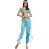 Aladdin Jasmine Princess Costume – Blue Cosplay Dress with Headwear, Top & Pants | Halloween Role Play Outfit for Women - Thumbnail 1