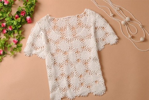Flower Short Sleeve Cotton Lace Crochet Top Bikini Cover
