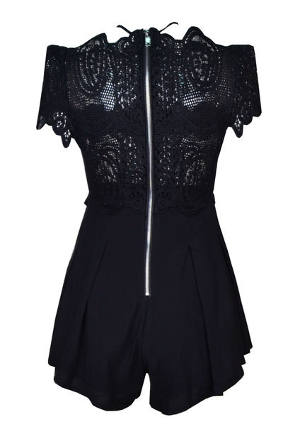 Black Lace Playsuit With Cap Sleeve And high Neck