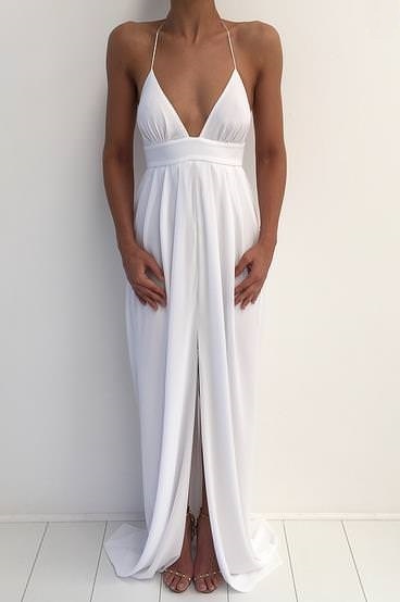 White Maxi Front Split Draped Back Skirt Gown Dress