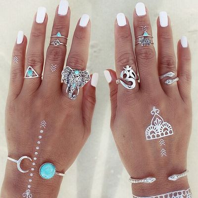 8pcs vintage boho tribal ethnic turquoise ring hippie gothic elephant snake set - Thumbnail 4