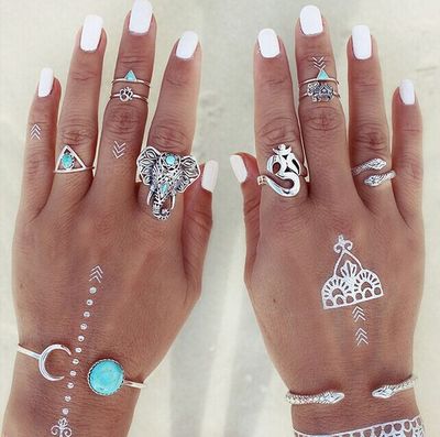 8PCS Vintage Boho Tribal Ethnic Turquoise Ring Hippie Gothic Elephant Snake Set