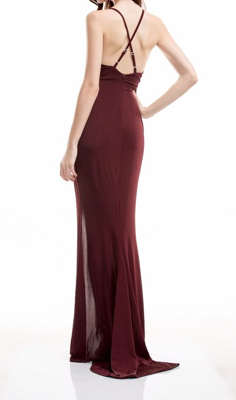 Burgundy Maxi Slit Elegant Wrap Drape Fishtail Dress