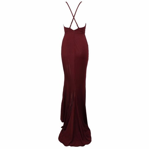 Burgundy Maxi Slit Elegant Wrap Drape Fishtail Dress