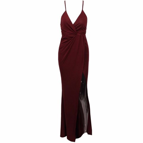 Burgundy Maxi Slit Elegant Wrap Drape Fishtail Dress