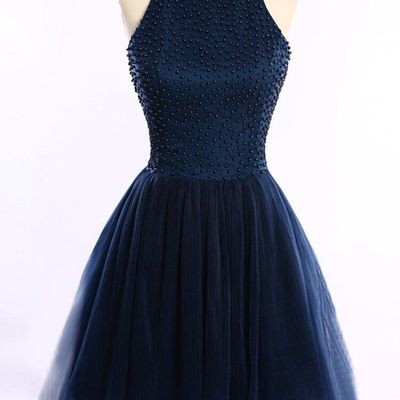 Dark navy beading a-line short prom dress,homecoming dress,graduation dress f21