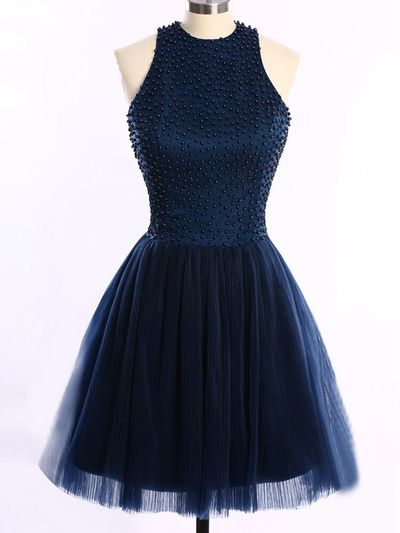 Dark Navy Beading A-Line Short Prom Dress,Homecoming Dress,Graduation Dress F21