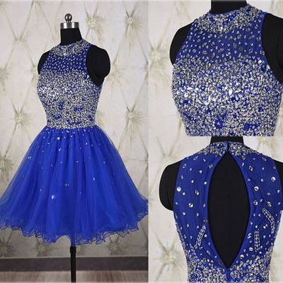 Royal Blue Beading Halter Homecoming Dress,Short Prom Dresses,Cocktail Dress,Homecoming Dress,Graduation Dress,Party Dress,Short Homecoming Dress F139