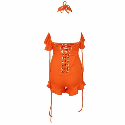 Orange Ruffles Romper With Metal Ring Criss Cross Straps Open In Back