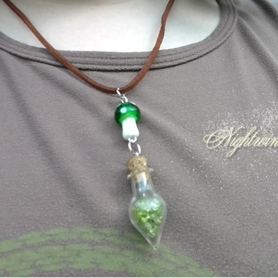 A really fungi (mushroom bead/crystal bottle necklace)