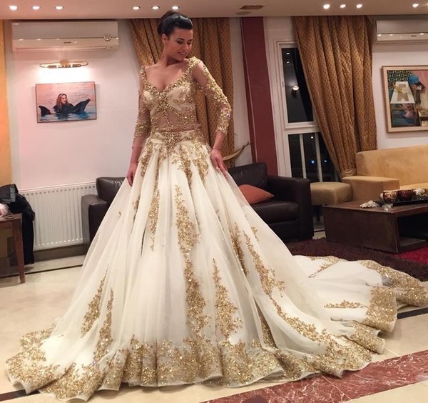 Luxurious Long Wedding Dresses with Gold Appliques