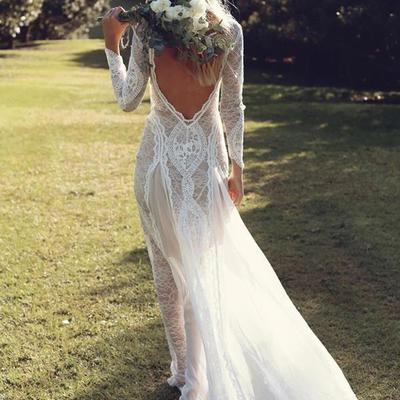 Ivory sheath brush train long sleeve backless lace wedding dress,beach wedding dress,08
