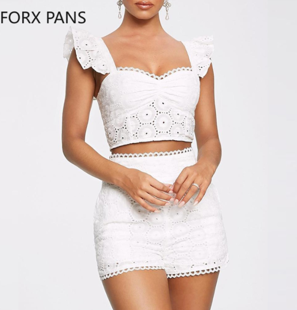 White Ruffled Lace Top and Shorts Set