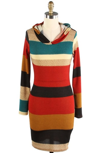 Multi Striped Hacci Sweater Hoodie L/S Dress 