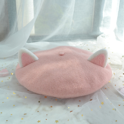 Cute wool cat ears beret hat