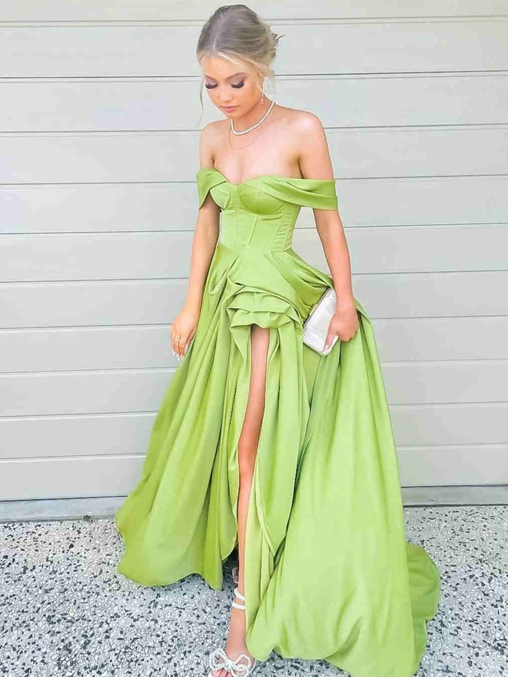 Off the Shoulder Green Prom Dress with Slit · Sugerdress · Online Store